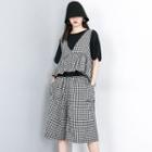 Set: Plain Elbow-sleeve T-shirt + Checked Sleeveless Peplum Top + Wide-leg Shorts As Shown In Figure - One Size