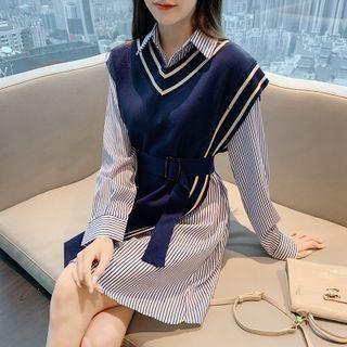 Set: Striped Mini Shirtdress + Sweater Vest