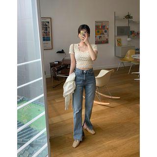 Washed Slit-side Straight-cut Jeans