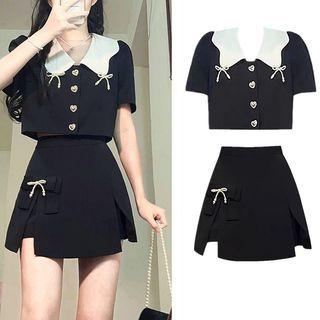 Short-sleeve Rhinestone Bow Blouse / A-line Skirt