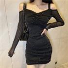 Long-sleeve Cold-shoulder Mini Sheath Dress Black - One Size