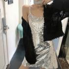 Plain Long-sleeve Light Jacket / Glitter Sleeveless Dress