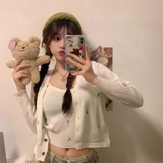 Set: Floral Embroidered Cropped Cardigan + Camisole Top White - One Size