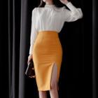 Set: Beaded Blouse + Slit-front Skirt