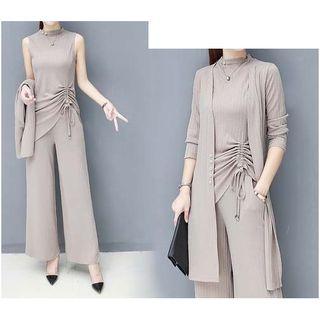 Set: Long Coat + Top + Wide-leg Pants