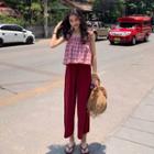 Plaid Sleeveless Top / Plain Wide Leg Pant