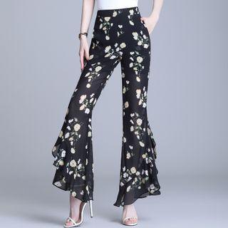 High-waist Chiffon Ruffle Bell-bottom Pants