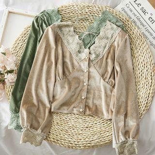 Lace-trim Velvet Crop Blouse