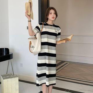 Elbow-sleeve Color Block Striped Midi Dress Stripe - Black - One Size