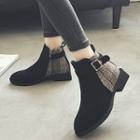 Suede Plaid Panel Buckled Ankle Boots