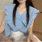 Sleeveless Wide Collar Gingham Check Top Blue - One Size