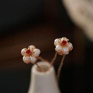 Flower Hair Stick 1pc - Gold & White & Red - One Size