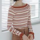 Striped Lace Up Long-sleeve Knit Top Stripes - Coffee - One Size