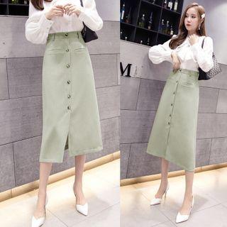 Plain Button Midi A-line Skirt