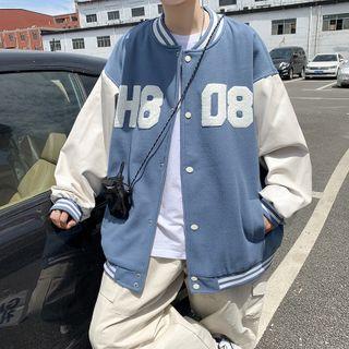 Number Embroidered Color Block Baseball Jacket