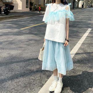 Mesh Trim Elbow-sleeve T-shirt / Midi A-line Skirt