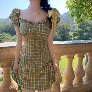 Puff-sleeve Square Neck Plaid Frill Trim Mini Dress