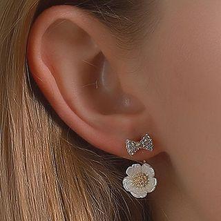 Rhinestone Bow & Flower Swing Earring 01#0169 - White - One Size