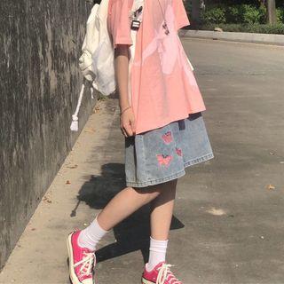 Butterfly Embroidered Denim Wide Leg Shorts