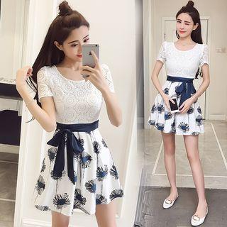 Lace Short Sleeve Floral Print A-line Dress