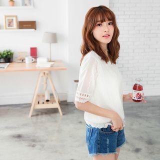 Short Sleeve Lace-trim Embroidery Top