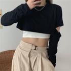 Set: Long-sleeve Cropped T-shirt + Strappy Top Black - One Size