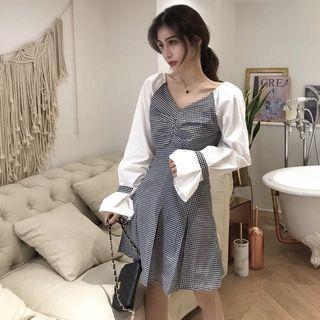 Bell-sleeve Mini Plaid A-line Dress