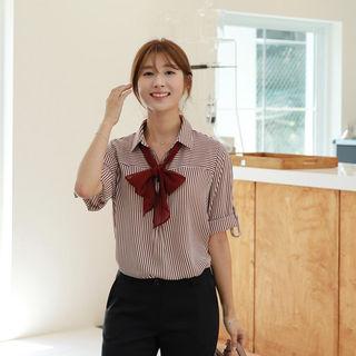 3/4-sleeve Striped Blouse With Scarf