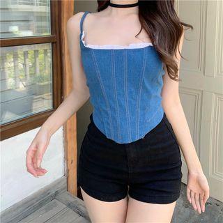 Sleeveless Lace-trim Denim Top