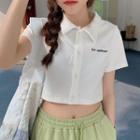 Short-sleeve Button-up Lettering Embroidered Top