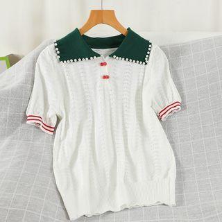 Short-sleeve Beaded Knit Polo Shirt White - One Size