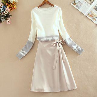 Set: Color Block Sweater + High Waist A-line Skirt