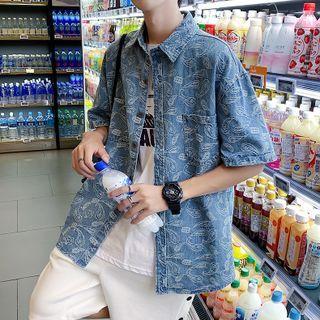 Elbow-sleeve Paisley Print Denim Shirt
