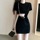 Short-sleeve Cutout Chained Dress Black - One Size