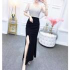 Elbow-sleeve Mesh Paneled Color Block Slit Evening Gown