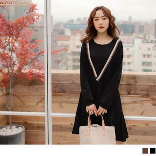 V Striped Long Sleeve A-line Dress