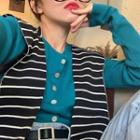Button Knit Top / Striped Scarf
