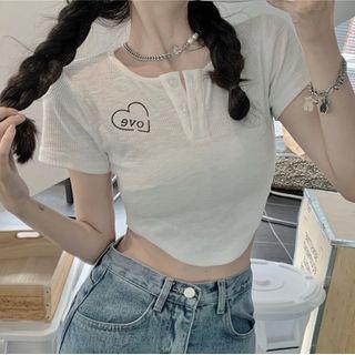 Short-sleeve Heart Print Henley Crop Top / Mini Overall Dress
