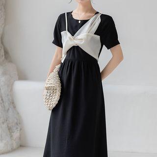 Short-sleeve Mock Two-piece Midi Smock Dress