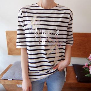 Elbow-sleeve Lettering Stripe T-shirt