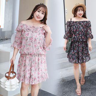 Off-shoulder Elbow-sleeve Ruffled Playsuit