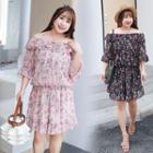 Off-shoulder Elbow-sleeve Ruffled Playsuit