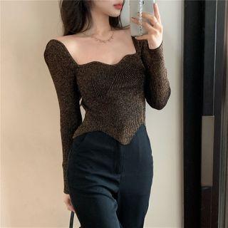 Glittered Long-sleeve Slim-fit Knit Top Brown & Gold - One Size