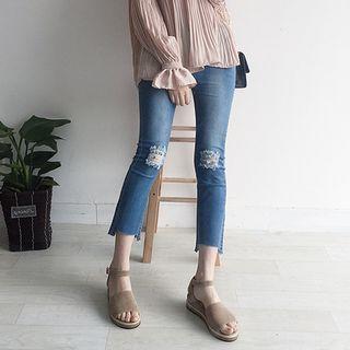 High-waist Distressed Boot-cut Jeans