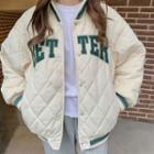 Letter Embroidered Quilted Baseball Jacket White & Green - One Size