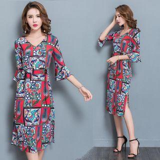 Short Sleeve V-neck Printed A-line Dress