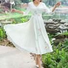 3/7 Sleeve V-neck Printed Midi Dress