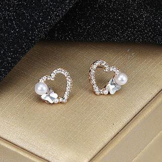 Faux Pearl Rhinestone Heart Earring 1 Pair - Aea0121 - Heart - Gold - One Size