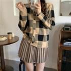 Plaid Knit Cardigan / Houndstooth Pleated Skirt