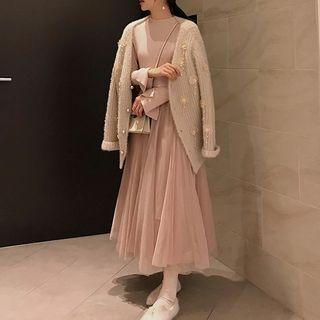 Long-sleeve Mesh Paneled A-line Midi Knit Dress